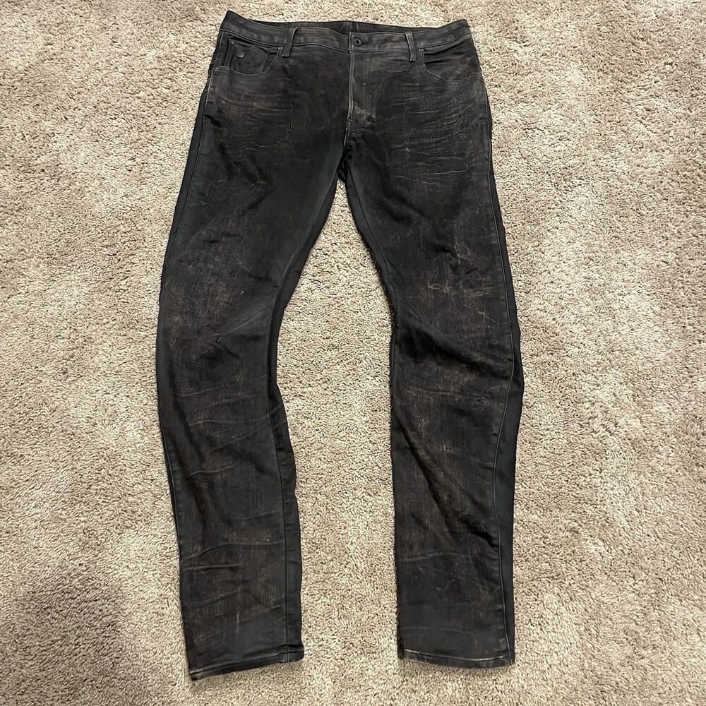 G Star Raw Arc Zip 3d Slim Black Waxed Denim Button Fly Jeans Mens Size 36x34